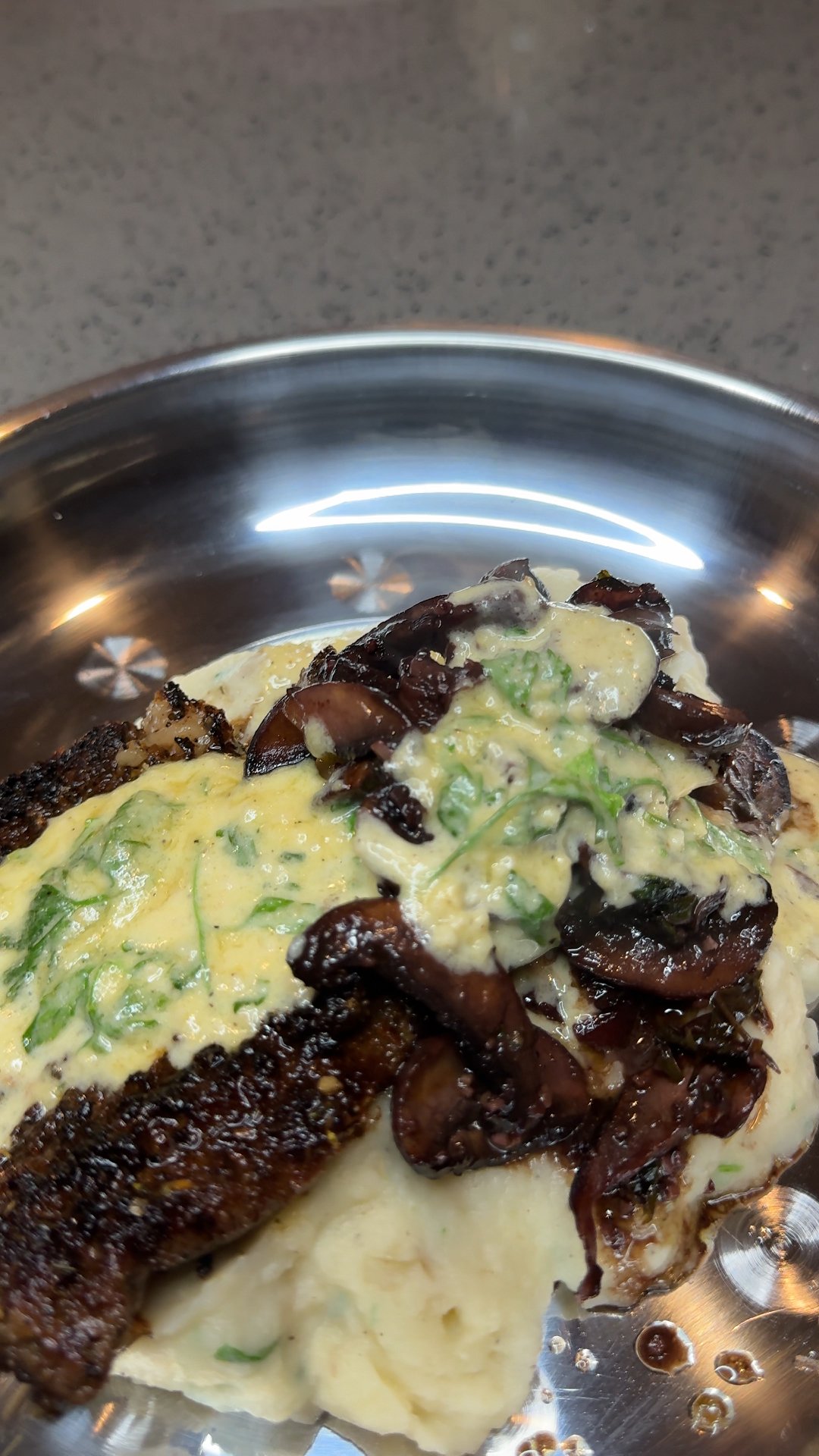 Ribeye, Mashed Potatoes, and Red Wine Mushrooms